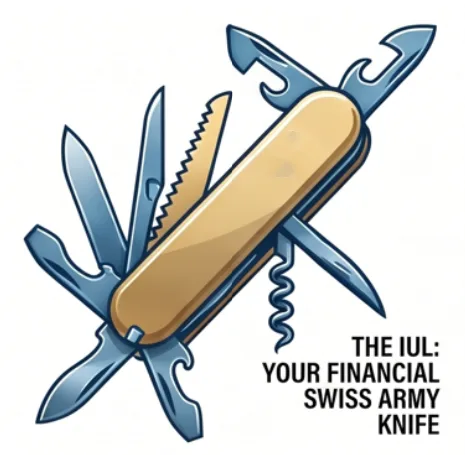 A drawing of a multi-tool pocket knife with every blade and tool folded out, captioned "The IUL: your financial Swiss Army knife".