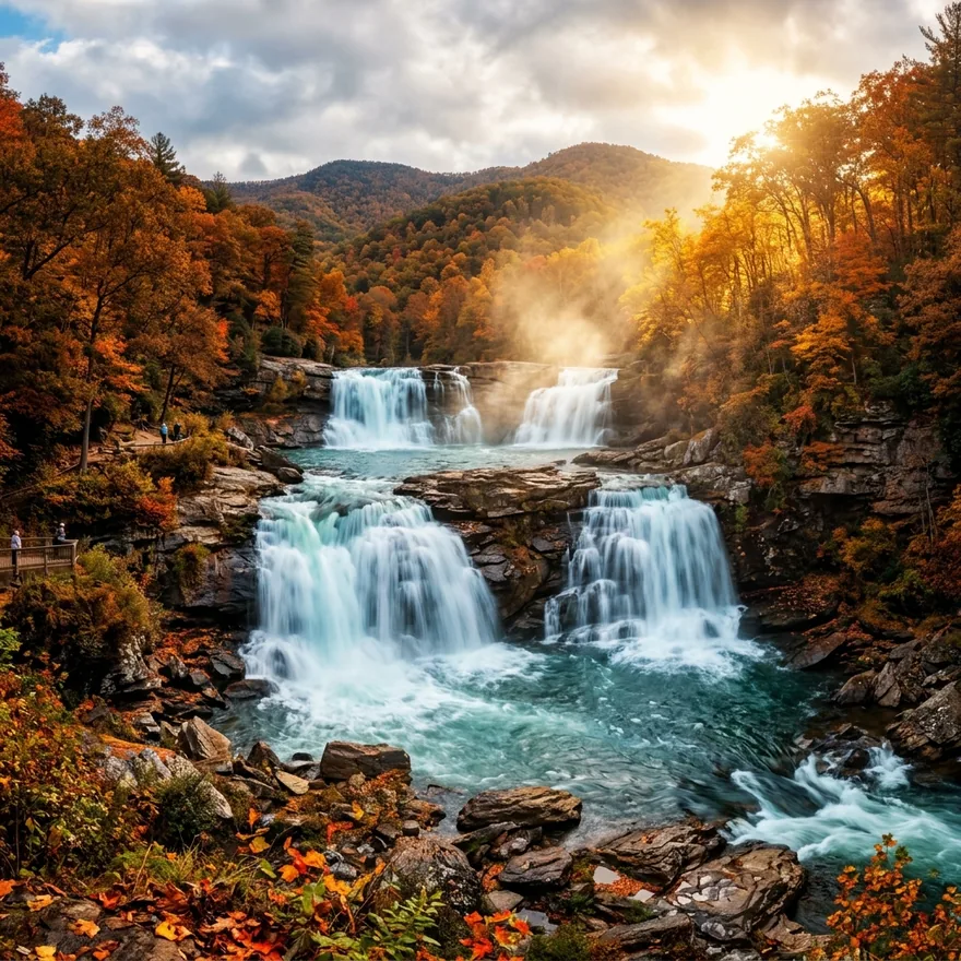 A waterfall in autumn, sunlight breaking through the trees above the falls