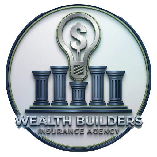 The original Wealth Builders Insurance Agency mark: five columns in a row beneath a lightbulb with a dollar sign inside it, in a navy and green ring, the agency name across the bottom.